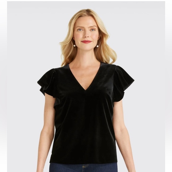 Draper James Black Velvet Flutter Sleeve Top Holiday sz 14 - Picture 4 of 8
